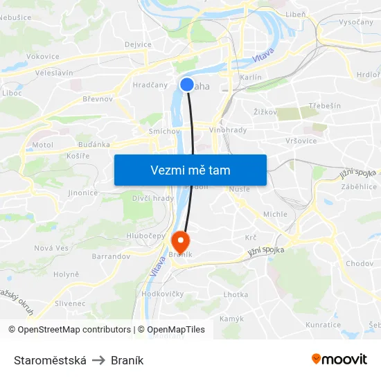 Staroměstská to Braník map