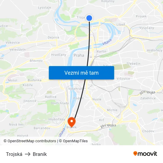 Trojská to Braník map