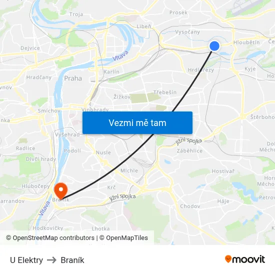U Elektry to Braník map