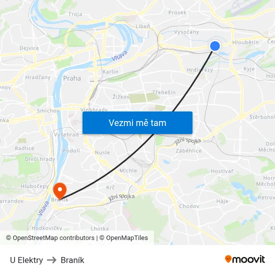 U Elektry to Braník map