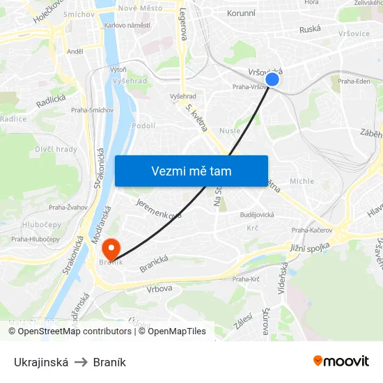 Ukrajinská to Braník map