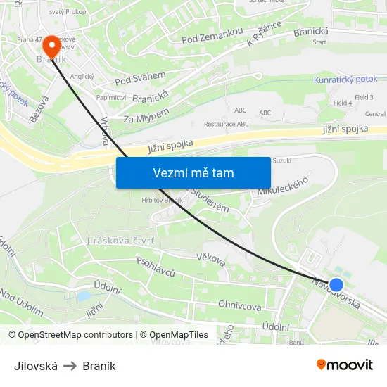 Jílovská to Braník map