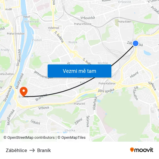 Záběhlice to Braník map