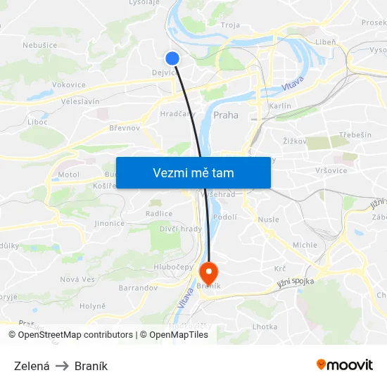 Zelená to Braník map