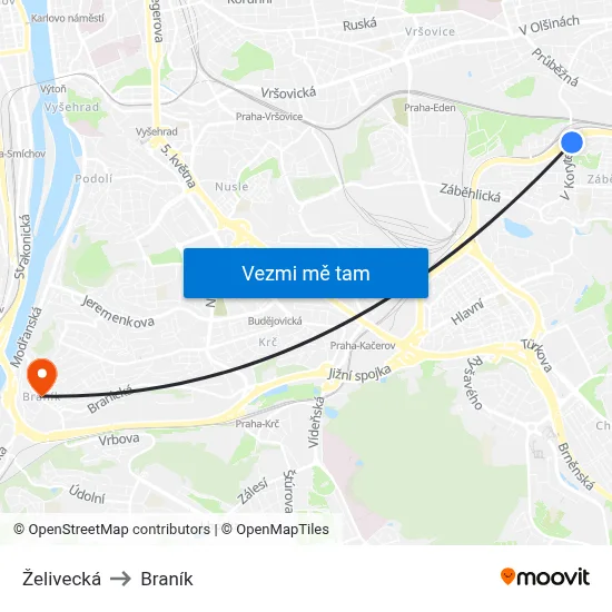 Želivecká to Braník map