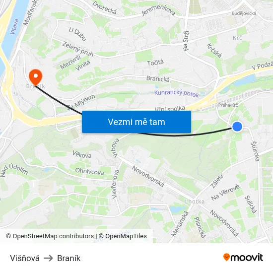 Višňová to Braník map