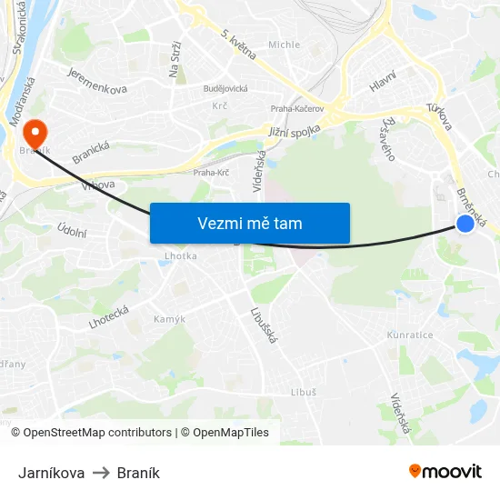 Jarníkova to Braník map