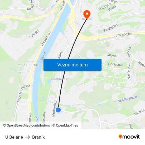 U Belárie to Braník map