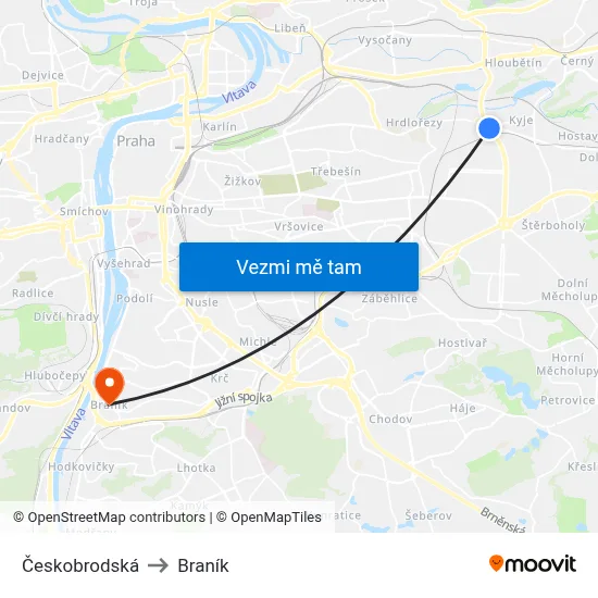 Českobrodská to Braník map