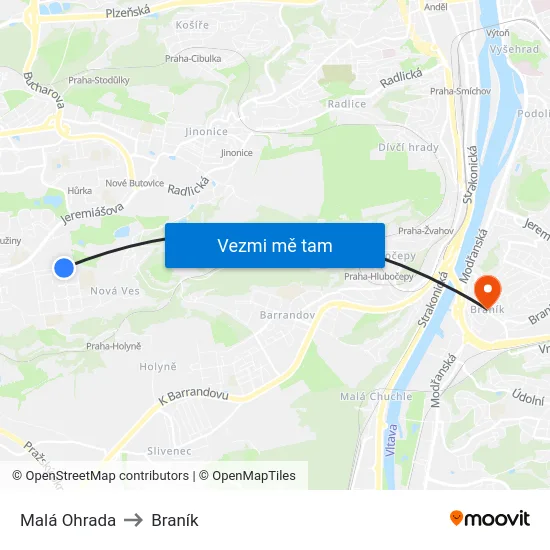 Malá Ohrada to Braník map