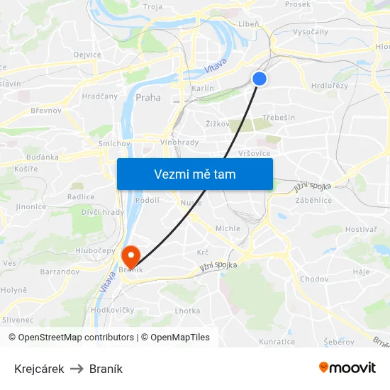 Krejcárek to Braník map