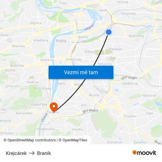 Krejcárek to Braník map