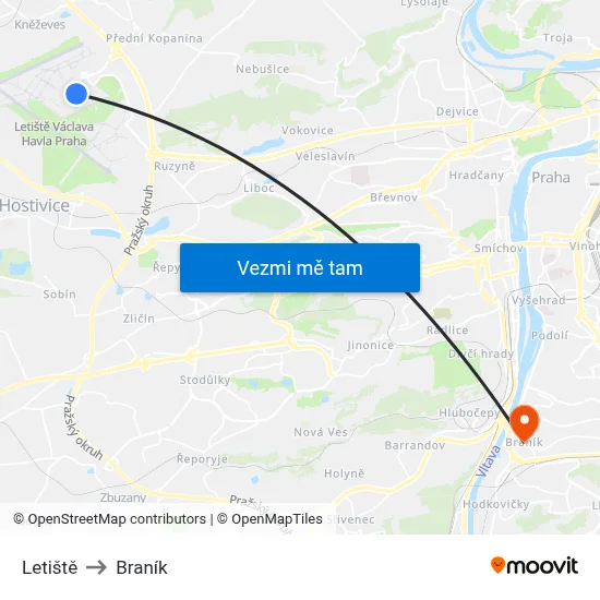 Letiště to Braník map