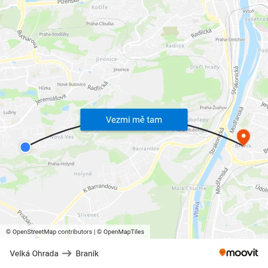 Velká Ohrada to Braník map
