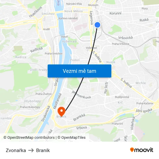Zvonařka to Braník map