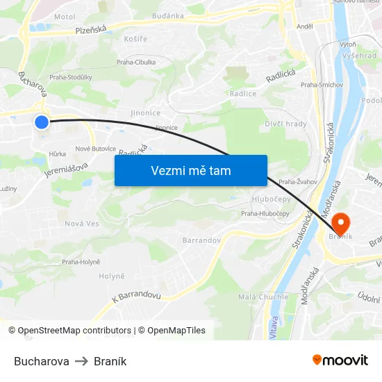 Bucharova to Braník map