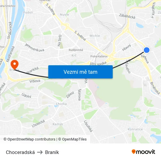 Choceradská to Braník map