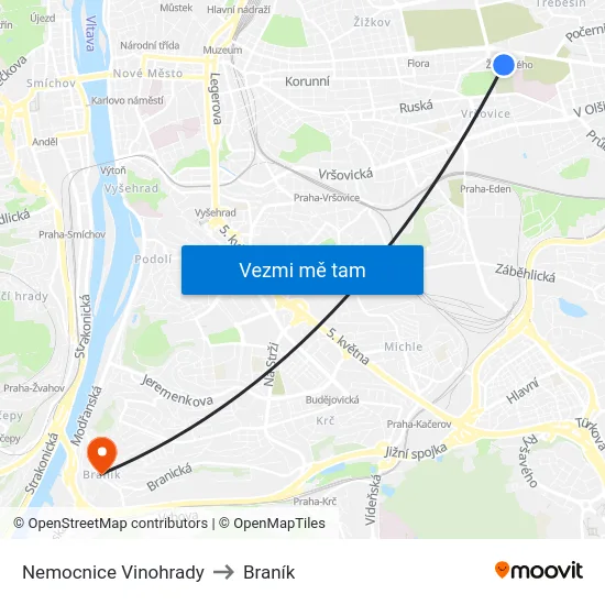 Nemocnice Vinohrady to Braník map