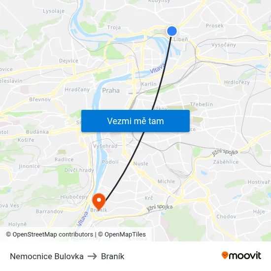 Nemocnice Bulovka to Braník map