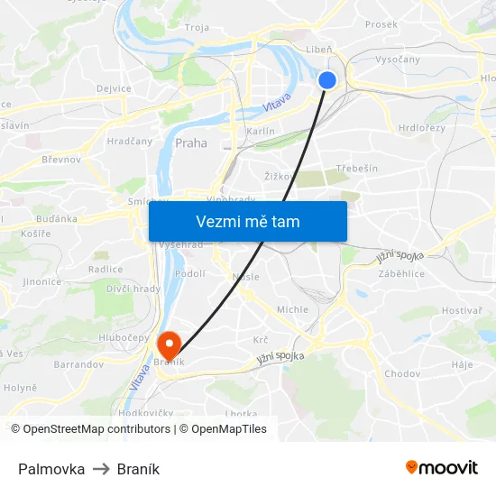 Palmovka to Braník map