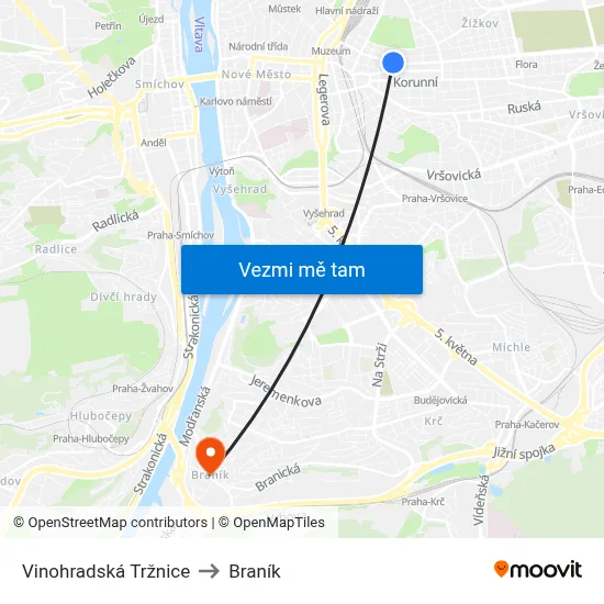 Vinohradská Tržnice to Braník map
