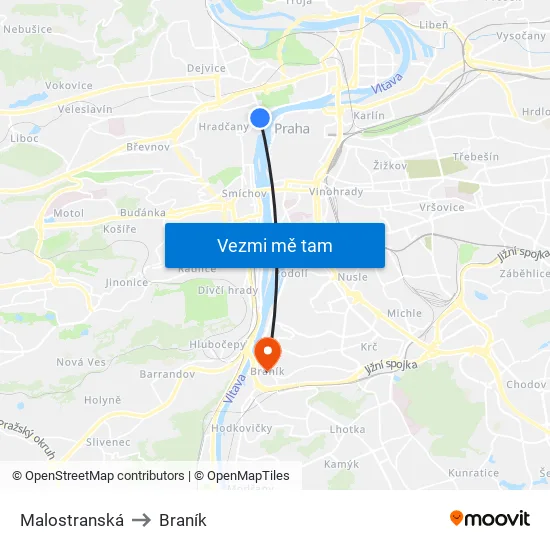Malostranská to Braník map