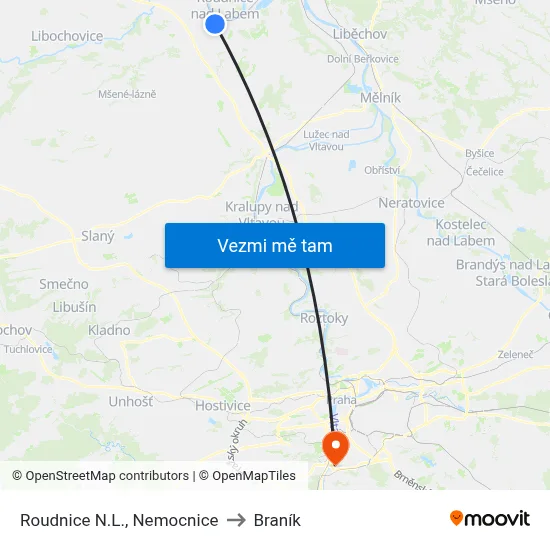 Roudnice N.L., Nemocnice to Braník map