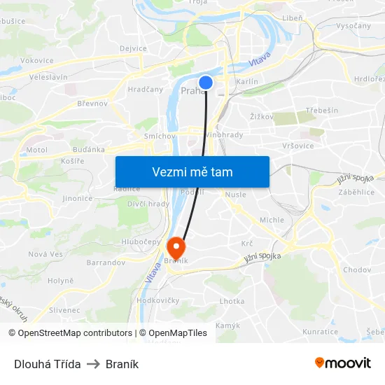 Dlouhá Třída to Braník map