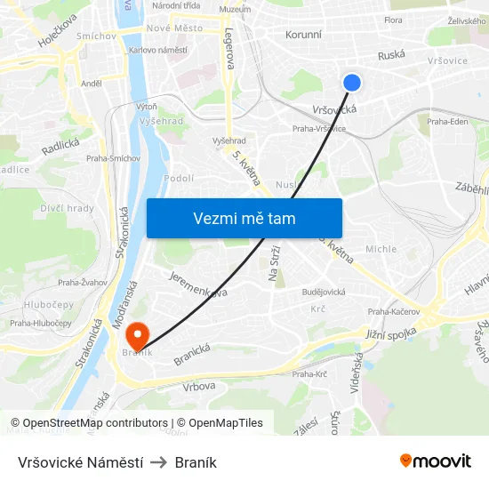 Vršovické Náměstí to Braník map