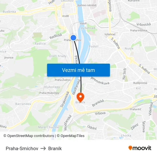 Praha-Smíchov to Braník map