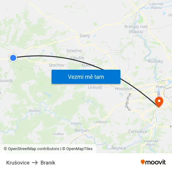 Krušovice to Braník map