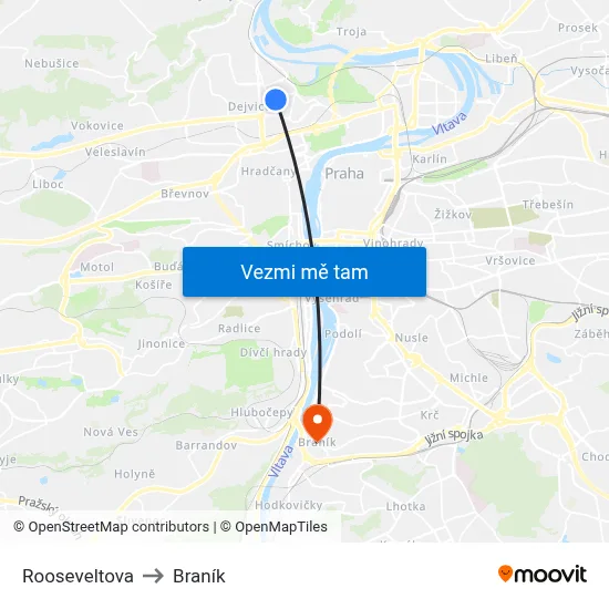 Rooseveltova to Braník map