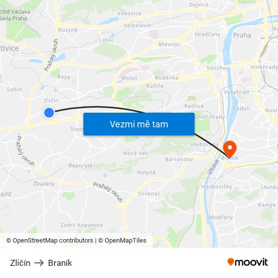 Zličín to Braník map