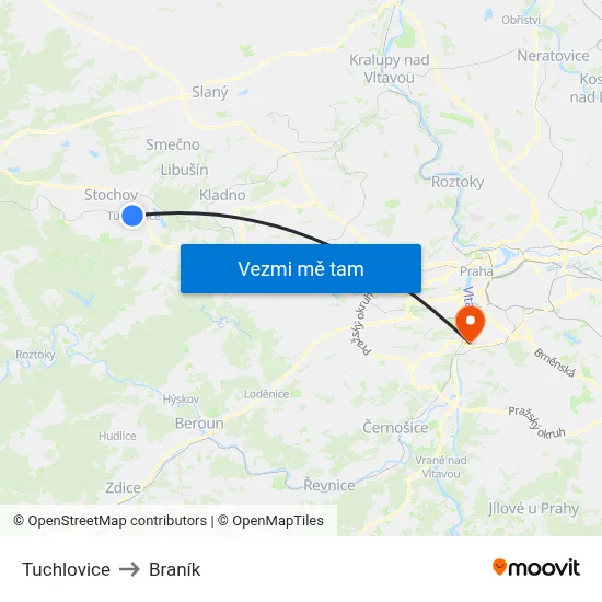 Tuchlovice to Braník map