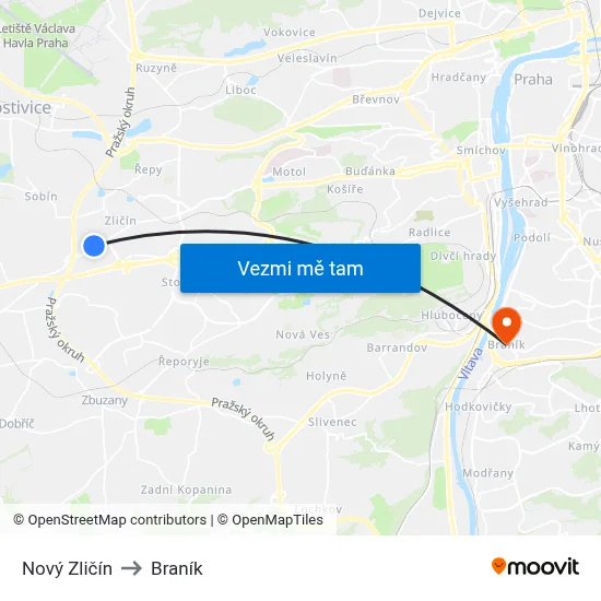 Nový Zličín to Braník map