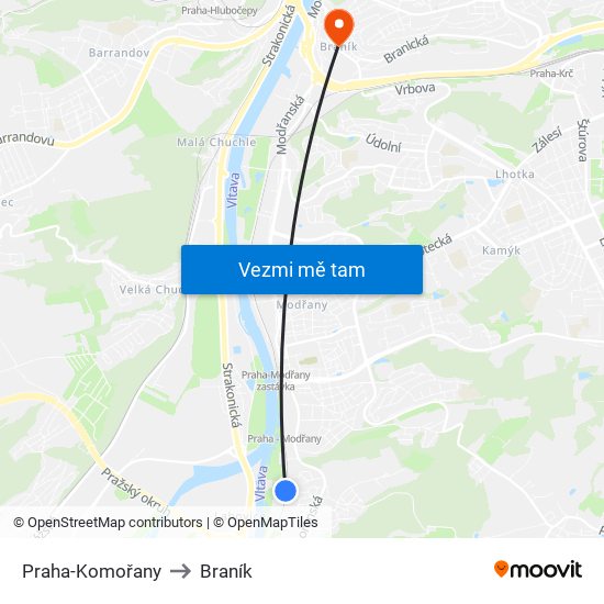 Praha-Komořany to Braník map