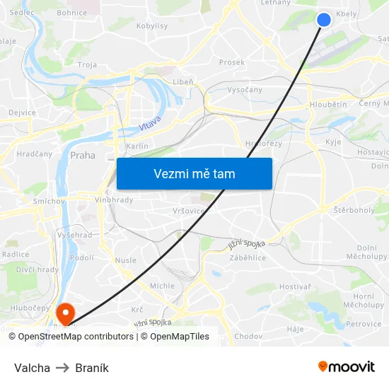 Valcha to Braník map