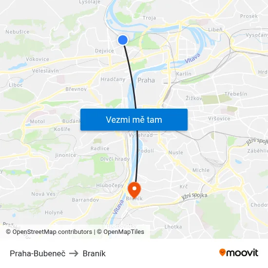 Praha-Bubeneč to Braník map