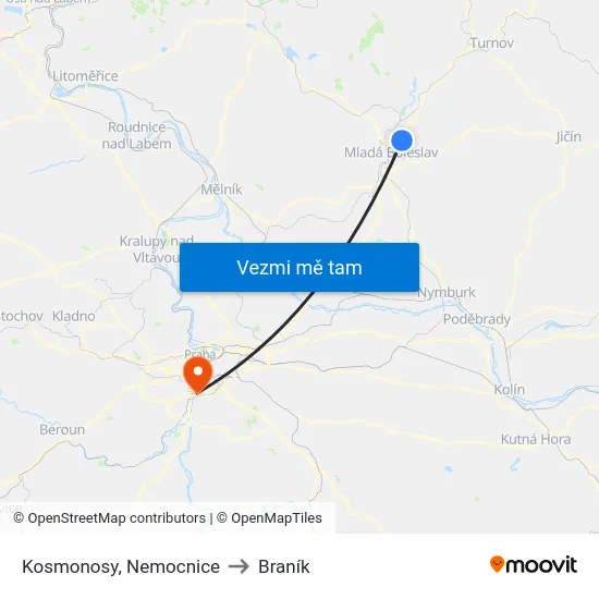 Kosmonosy, Nemocnice to Braník map