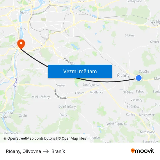 Říčany, Olivovna to Braník map