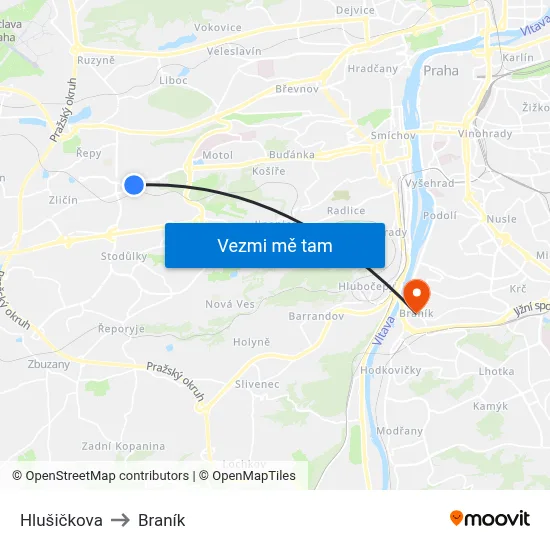 Hlušičkova to Braník map