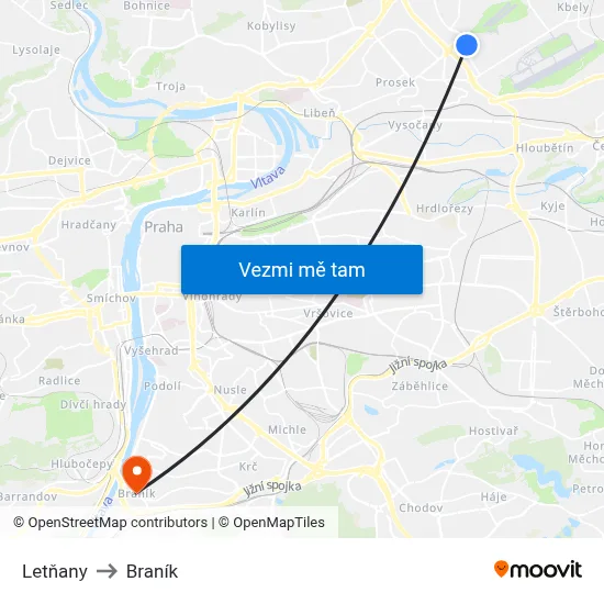 Letňany to Braník map