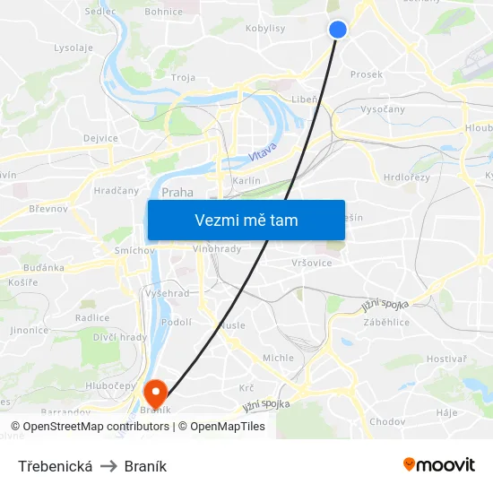 Třebenická to Braník map