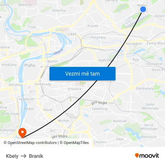 Kbely to Braník map