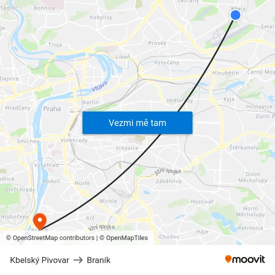 Kbelský Pivovar to Braník map