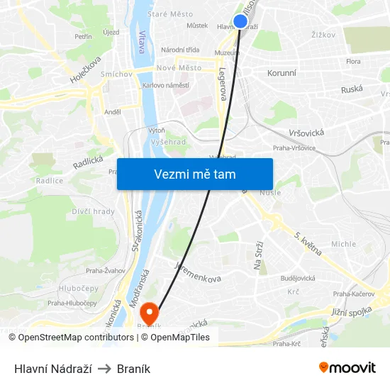 Hlavní Nádraží to Braník map