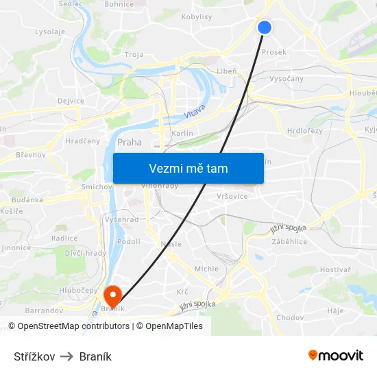 Střížkov to Braník map