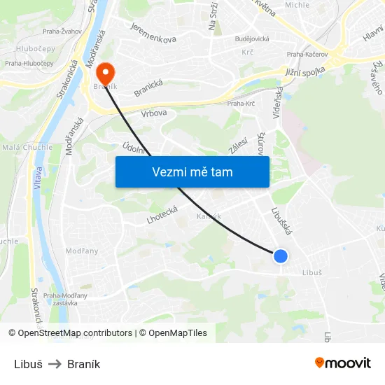 Libuš to Braník map