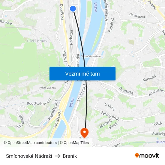 Smíchovské Nádraží to Braník map