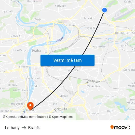 Letňany to Braník map